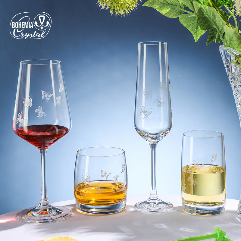 捷克进口幻彩刻花水晶杯蝴蝶香槟杯红酒杯威士忌杯定制轻奢高档