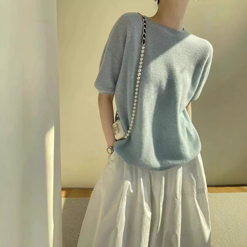 French style dopamine round neck 100 pure wool knitted short-sleeved women spring and Summer loose thin wool T-shirt