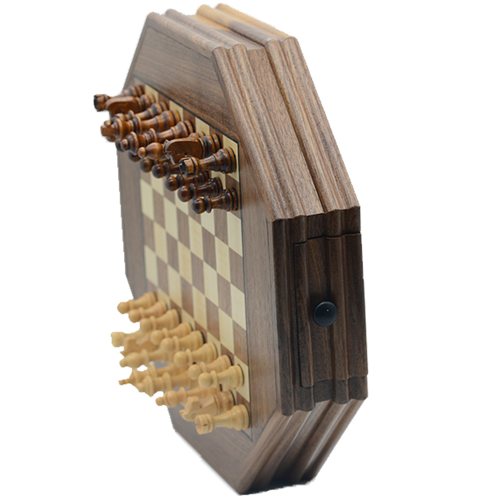 Octagonal multi-sided wooden chess magnetic card game drawer for chess piece storage, cross-border special wooden Item Picture