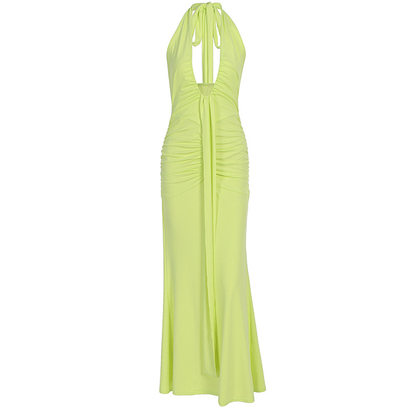 This is a popular summer women's dress with a European and American style. It features a cross-border sexy and elegant deep V-neck, backless, and form-fitting pleated dress Item Picture