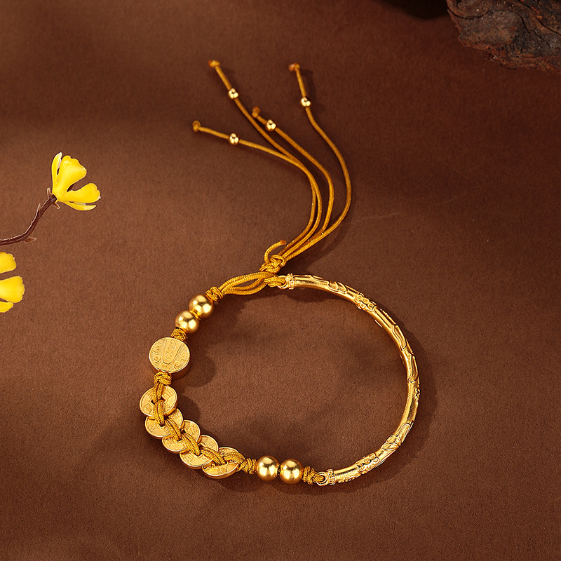 The same style as the gold store's sand gold Five Emperors Coin Five Road God of Wealth half-bracelet woven bracelet, new Chinese-style coiled retro woven rope bracelet full figure