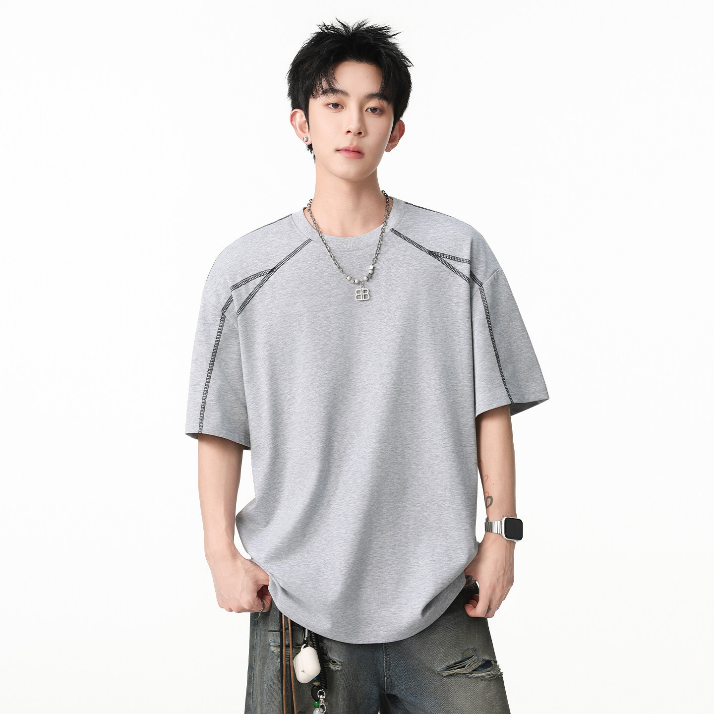 2026 New style pure cotton short-sleeved men's T-shirt, summer thin deconstructed trendy clothing, men's top drop shoulder half-sleeve Specification image
