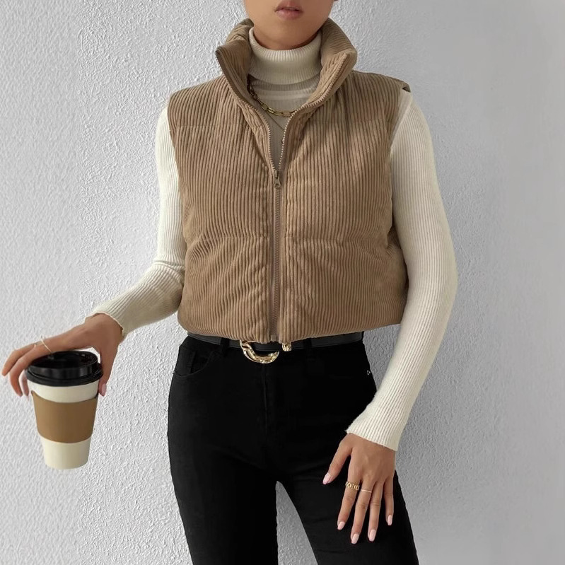 European and American autumn and winter zipper vest women's corduroy short outerwear autumn and winter new autumn and winter new retro vest women's thickened cotton-padded jacket details Picture