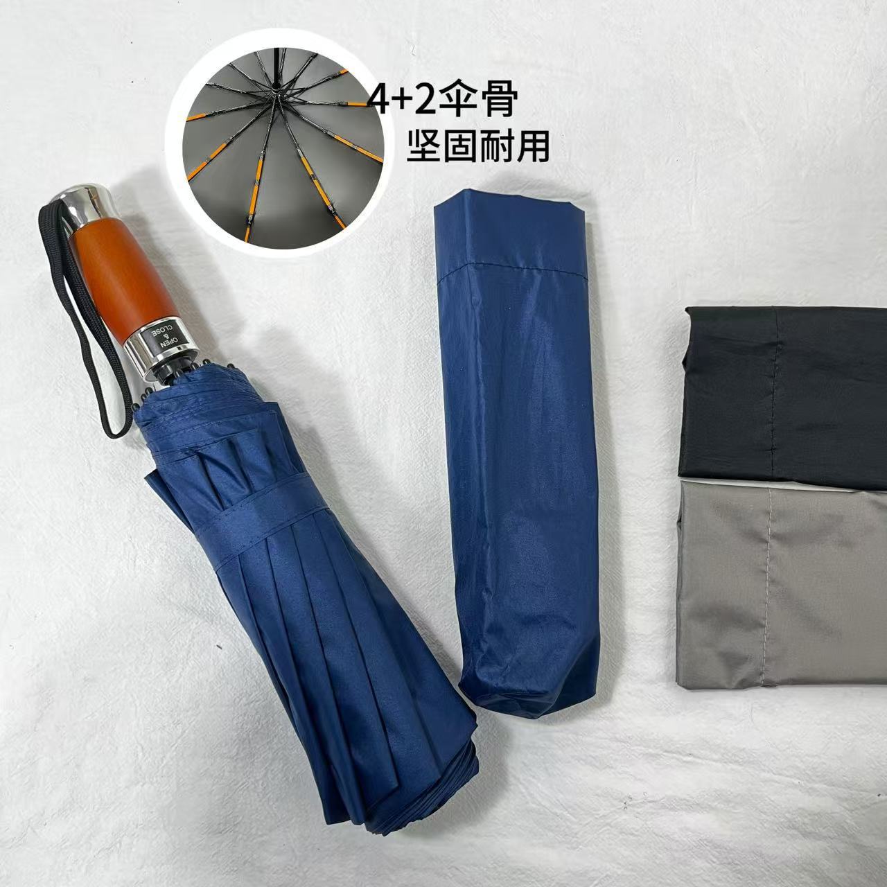 Fully automatic large wooden handle business umbrella, thickened and enlarged men's all-weather sunshade umbrella, folding umbrella Specification image