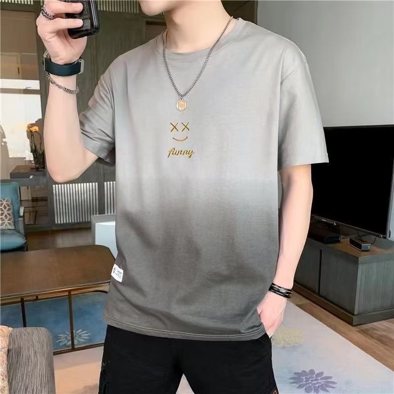 Short-sleeved T-shirt for men, a summer trend brand with a gradient smiling face. Summer half-sleeved versatile T-shirt for men, a thin summer outfit details Picture