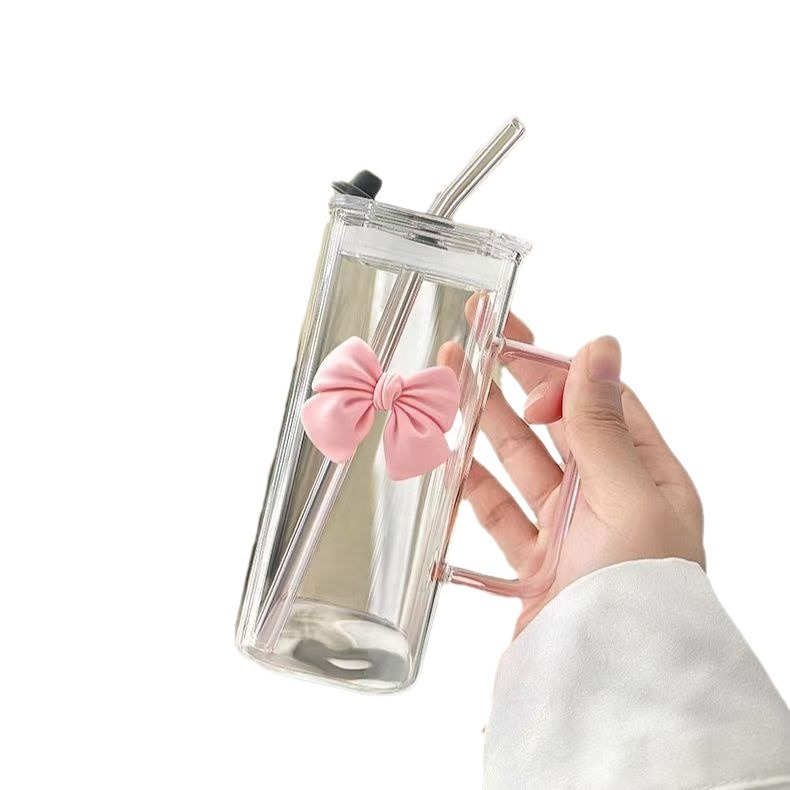 Ins-style square bow glass cup with handle, high appearance level, high-temperature resistant, cute fairy pink straw water cup Item Picture