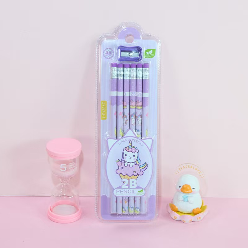 12-piece small leather-tipped pencils with pencil sharpeners, box gift, student graphite core 2B unicorn pencils Specification image