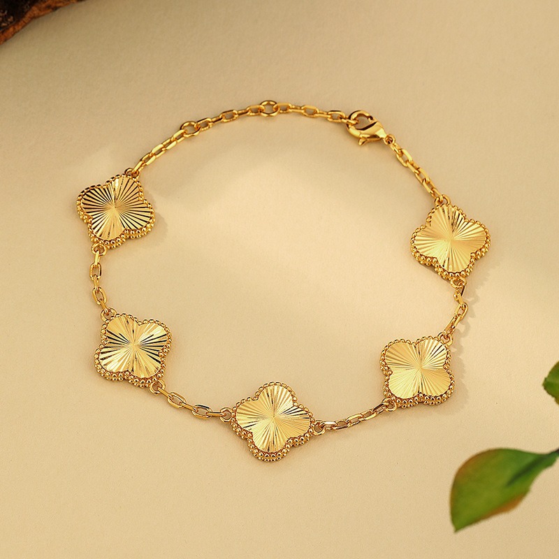 抖音直播同款铜镀仿金幸运草手链复古五片花四叶幸运草沙金手链