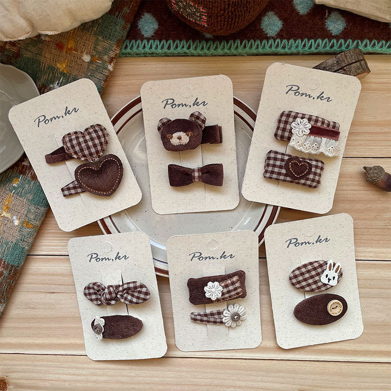 New Korean cartoon rabbit children's hairpin fabric, cute bear check pattern, sweet and girlish bangs side clip, bb clip