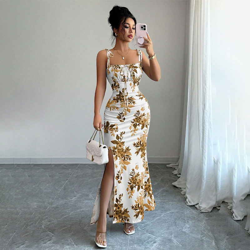 Wholesale of cross-border Amazon European and American women's clothing halter floral figure-hugging slit dresses for foreign trade import and export factories Specification drawing