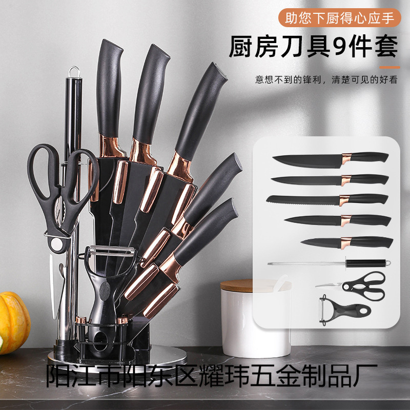 Cross border new kitchen cutter set 9 piezas conjunto de acero inoxidable chapado cabeza banda rotativa de acrílico cuchillo titular fábrica ahora