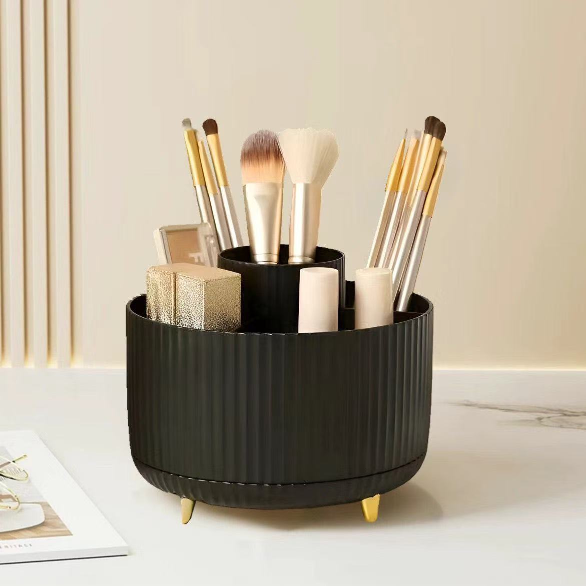Desktop rotating makeup brush storage holder, cosmetics shelf, desktop dressing table, eyeshadow brush, lipstick box, pen holder Application Scenario