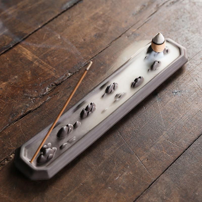 跨境紫砂倒流香炉相托双用香炉 创意荷叶高山流水线香座香插香盘