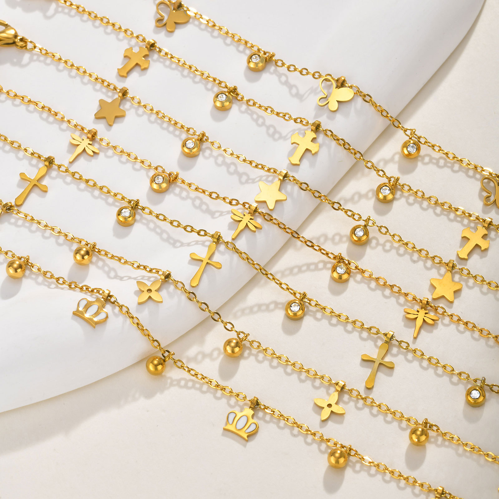 时尚特色脚链合集 不锈钢四叶花十字架皇冠脚饰 夏季沙滩脚链金色饰品女