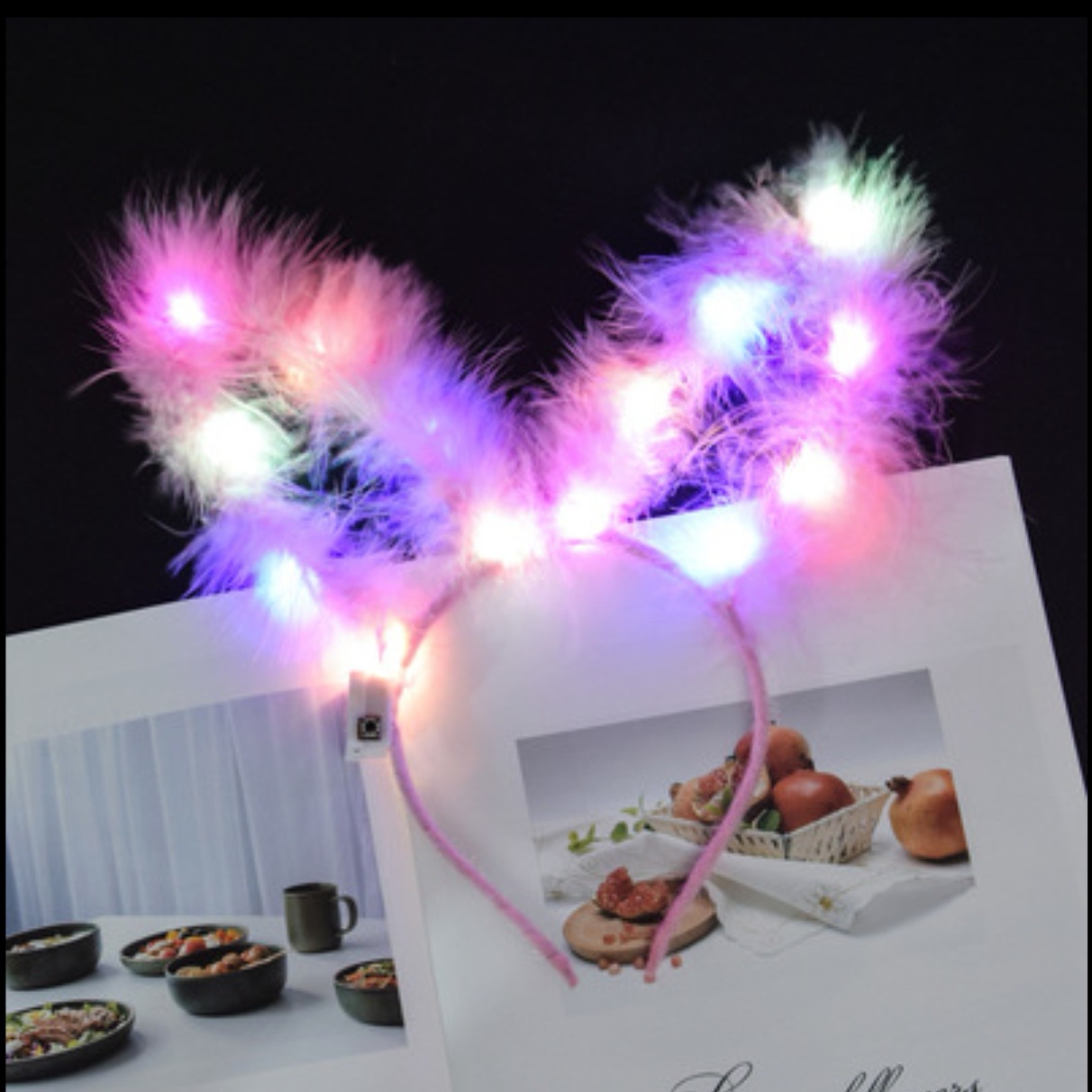 New type of luminous feather headband, 14-lamp luminous rabbit ear headwear, factory direct sales Item Picture
