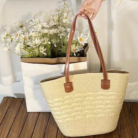 Cross-border handmade straw woven bag, summer fresh women's bag, large capacity and elegant woven hand bag, shoulder bag, armpit bag, beach bag, straw woven bag