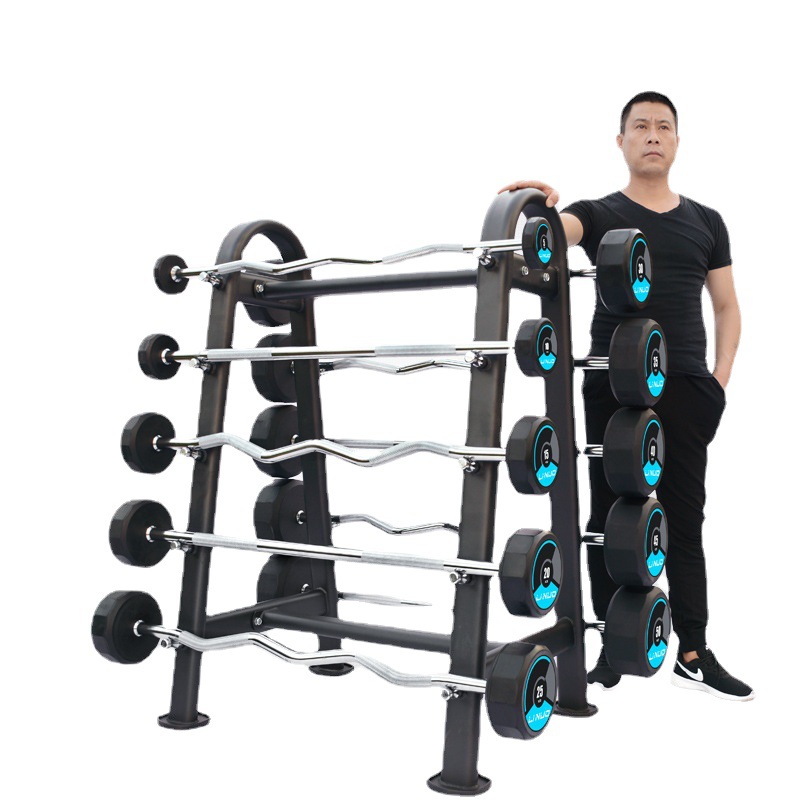 Fixed barbell gym, men's fitness, commercial weightlifting barbell rack, home squat curved bar, rubber-coated barbell set