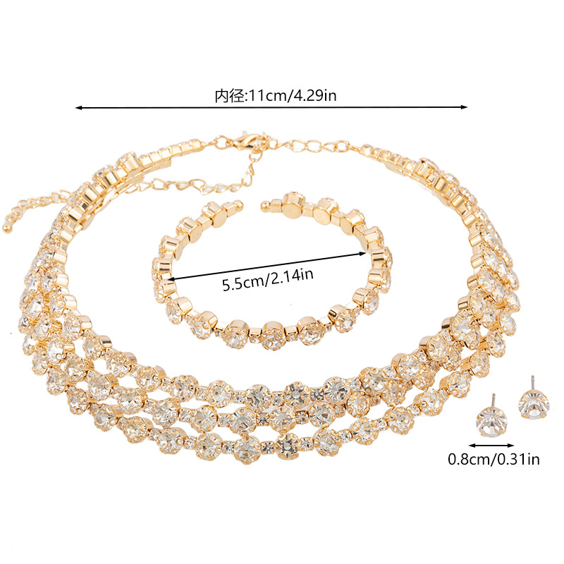 Three-piece set of cross-border European and American bride accessories: water diamond stud bracelet, three-row collar, wedding full diamond jewelry set Specification image