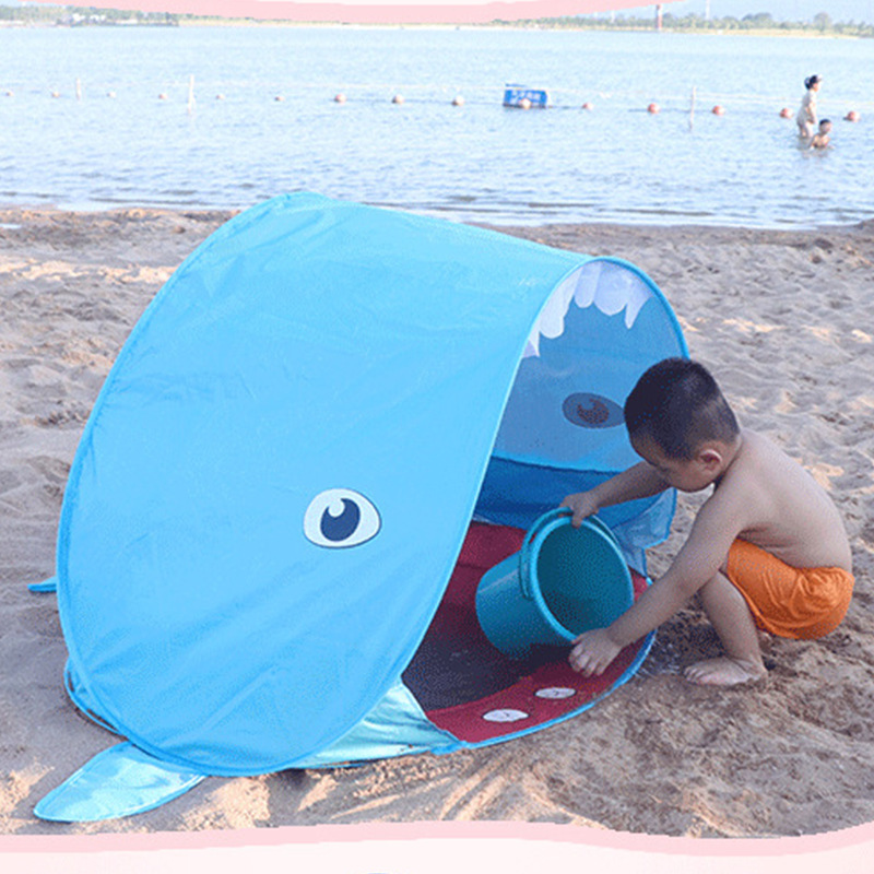 Children's shark beach tent, bottomless beach tent by the sea, outdoor two-person simple automatic sunshade, children's water play details Picture
