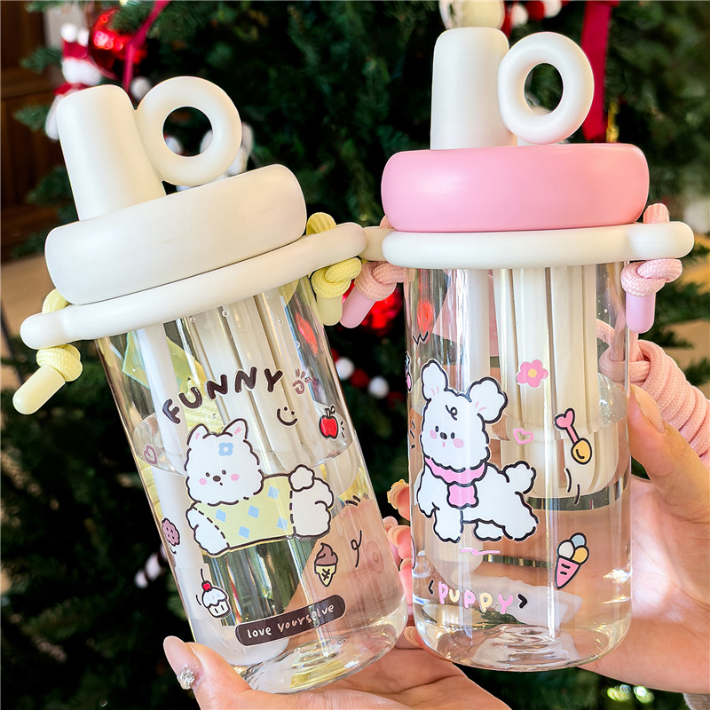Cute and adorable drinking straw cup, cartoon dog, plastic water cup, girls' high school appearance level, summer crossbody children's portable cup