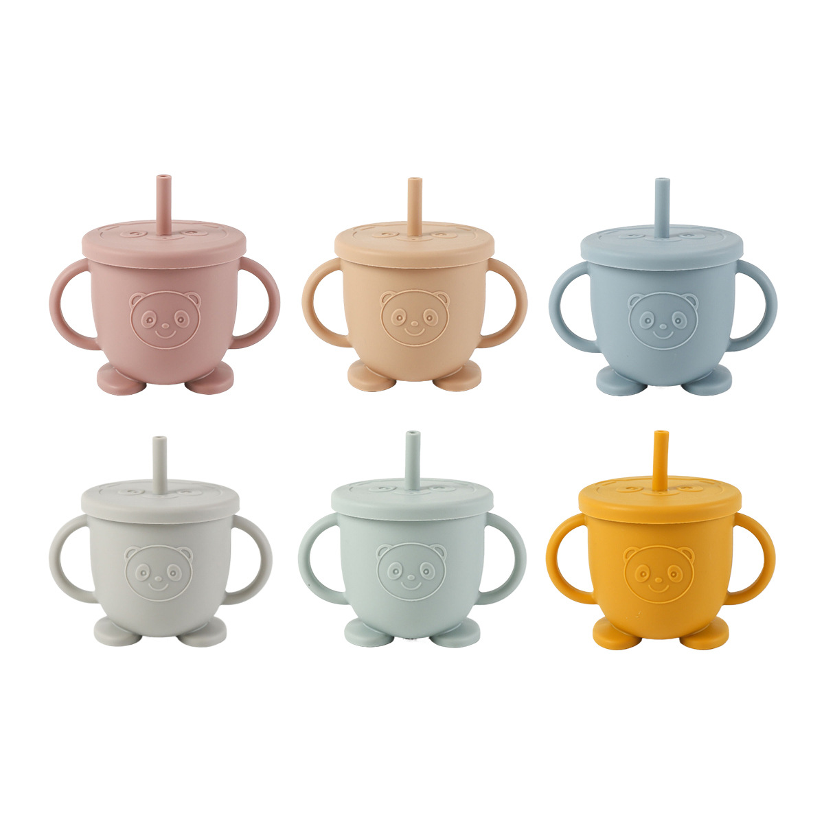 宝宝学饮杯食品级硅胶双耳吸管杯耐摔耐高温小熊猫杯子喂养水杯