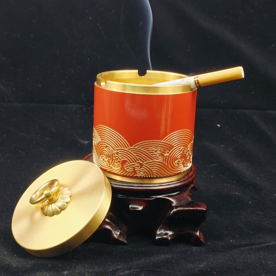 国潮黄铜车载烟灰缸喜庆车用家居办公室摆件带盖中式铜摆件铜艺