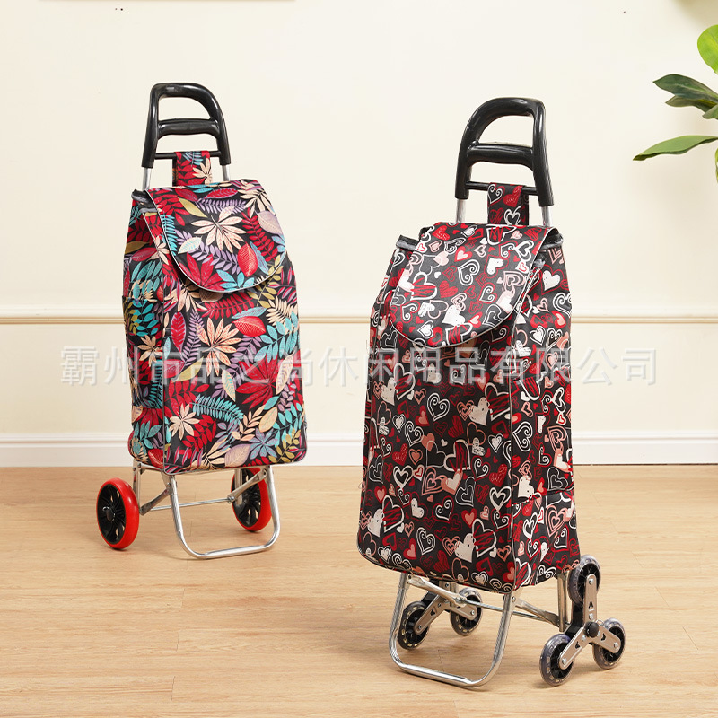 Large flower shopping cart, crystal stair climbing supermarket shopping cart, elderly grocery shopping cart, stair climbing small hand trolley, cloth bag handle details Picture