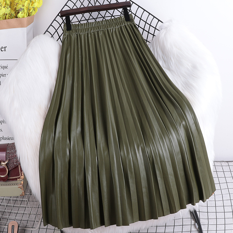 Pleated extended leather skirt 2021 Autumn/Winter new Korean style slimming loose tight high-waisted A-line pleated PU leather skirt for women details Picture