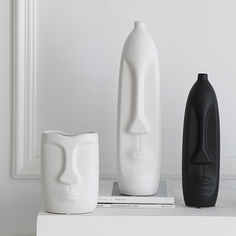 2026 Nordic creative simple black and white Ceramic vase, InS-style living room dried flower arrangement, face art decorative item Item Picture