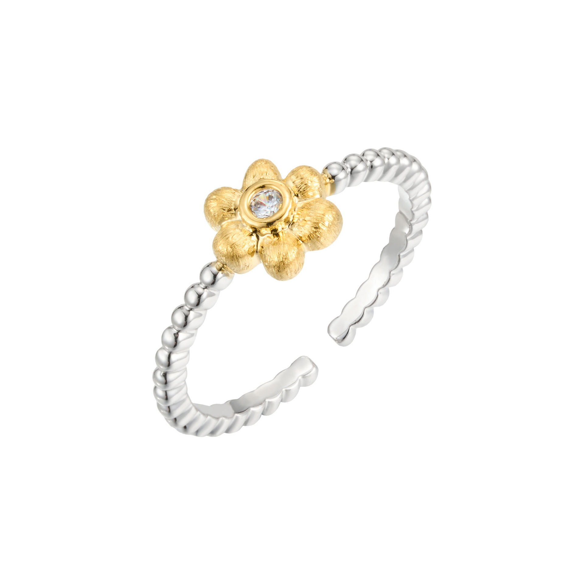 Fuente de fábrica de oro de dos colores flor cepillada anillo abierto elegante aleación de cobre simple con circonio anillo de dedo índice ajustable Item Picture