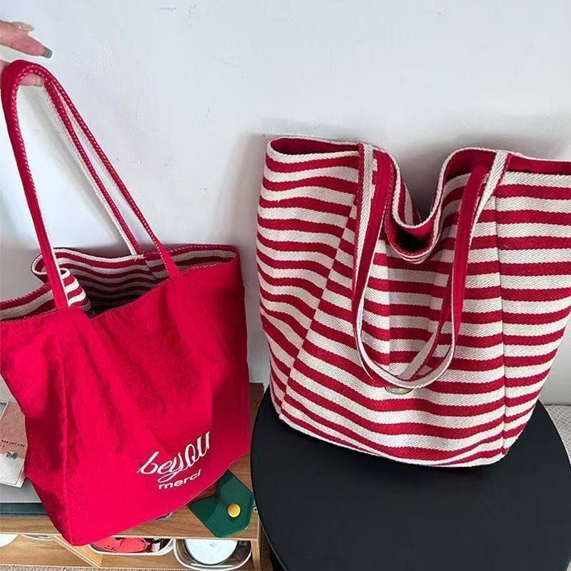 Cross-Border Canvas Bag, Striped Canvas Bag, Tote Bag, Student Large-Capacity Casual Shoulder Bag, Fashionable Casual Bag, Fashionable Simple Handbag, Canvas Bag details Picture