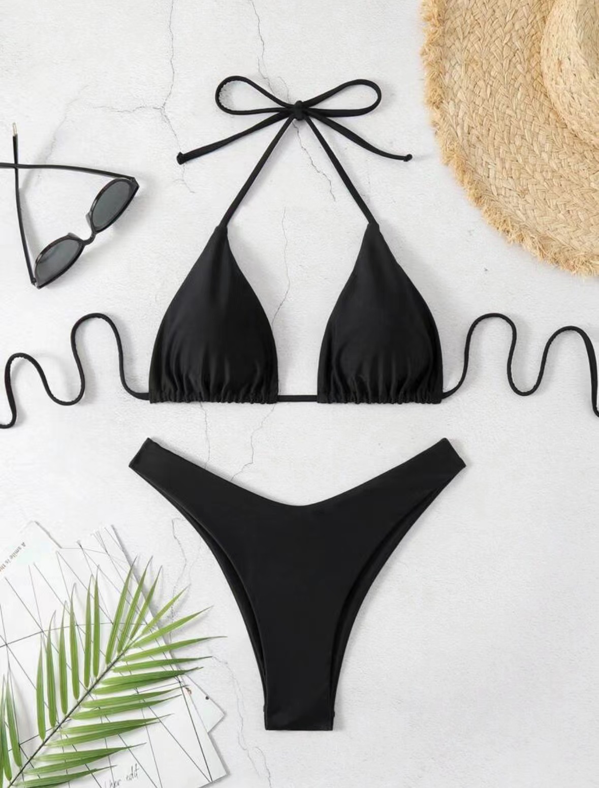 2026 New European and American strappy bikini swimsuit for women, solid color two-piece set, sexy split swimsuit cross-border Specification image