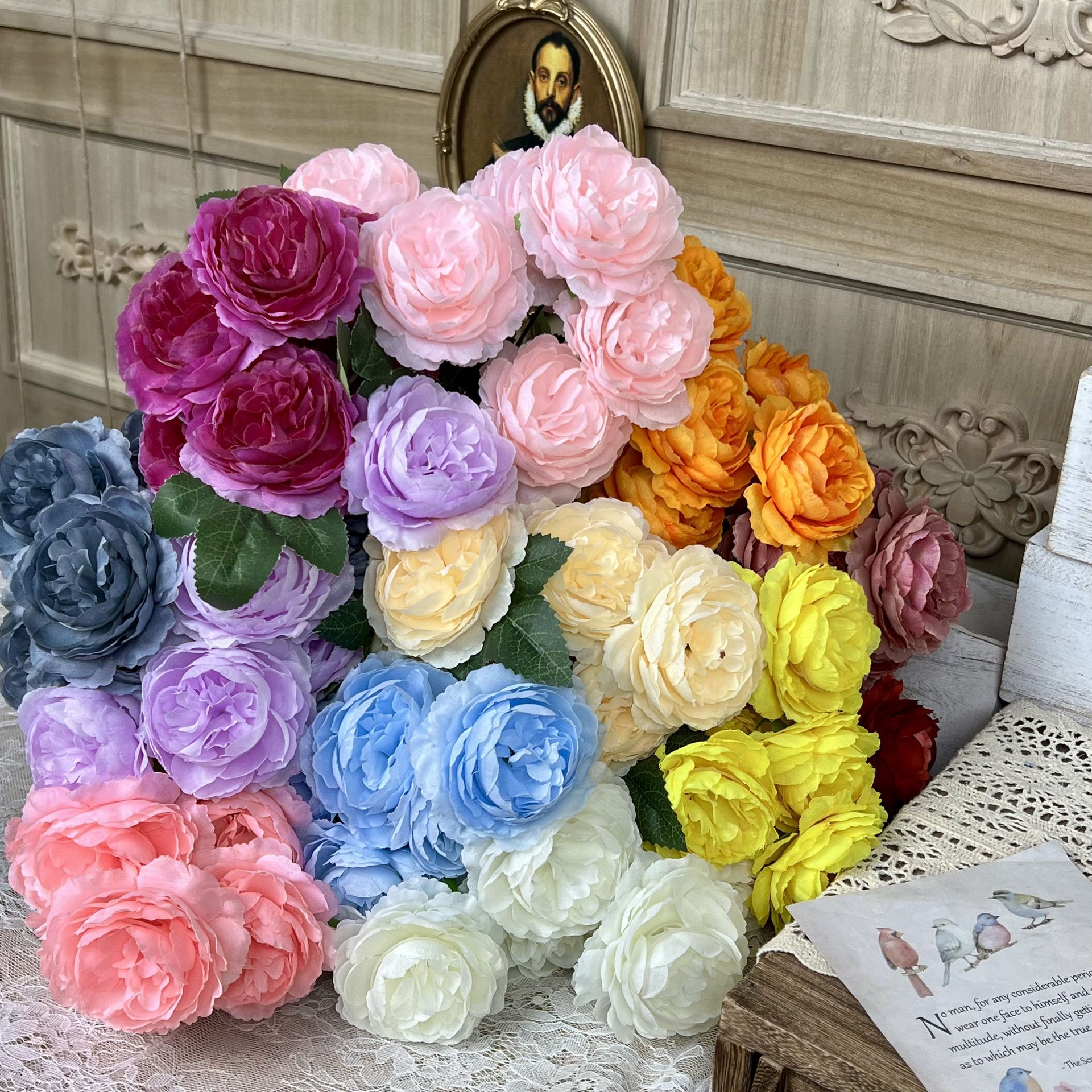 仿真7头洋牡丹假花手工花束婚庆用绢花人造装饰花婚礼布置地排花