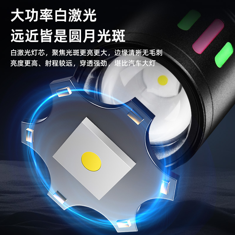 New cross-border white laser flashlight, outdoor portable hiking led strong light flashlight, multi-functional emergency light details Picture