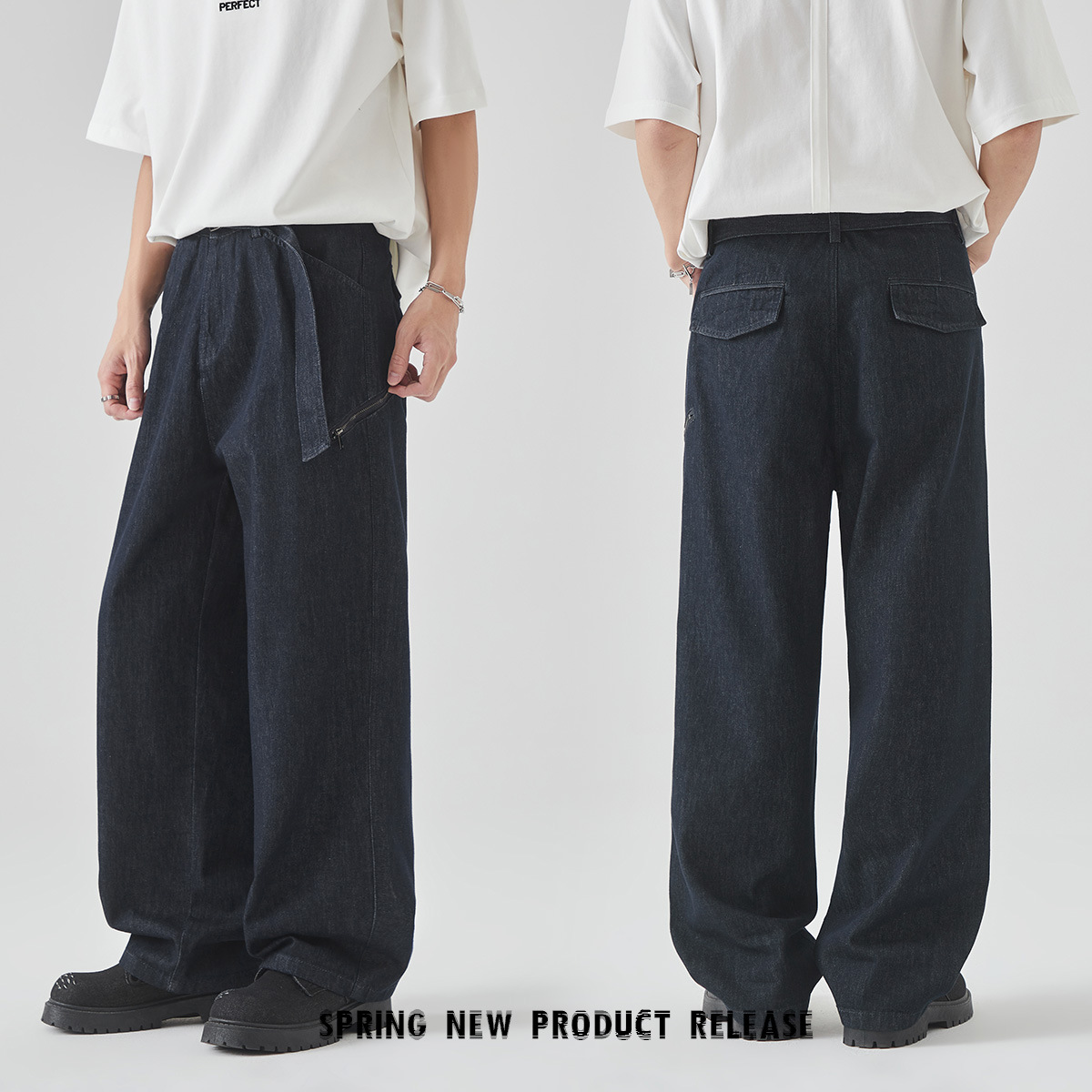 APO Men's Wear: Summer American straight-leg cleanfit jeans for men, stylish and trendy loose trousers with a belt Specification image