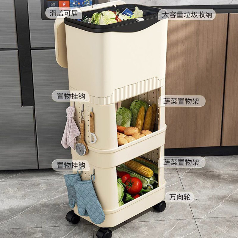 New household kitchen trash can, large size, large capacity, movable, double-layer high, no-bending, multi-functional rack Specification image