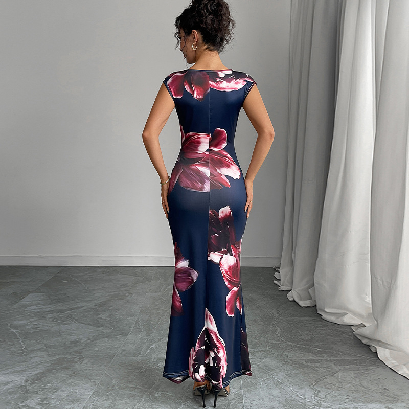 Ruihou 2025 Cross-border Foreign Trade European and American figure-hugging printed dresses, sleeveless one-step dresses, evening gowns, body-hugging long dresses, women's clothing Specification drawing