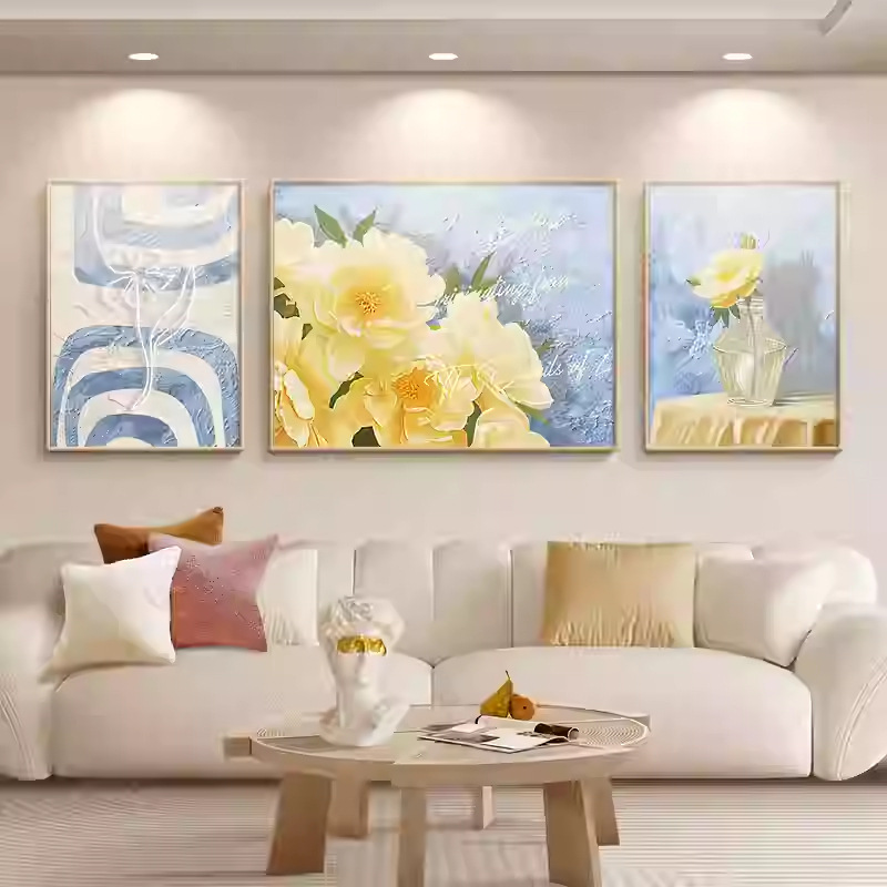 奶油风客厅装饰画沙发背景墙挂画北欧壁画现代简约花卉绿植三联画