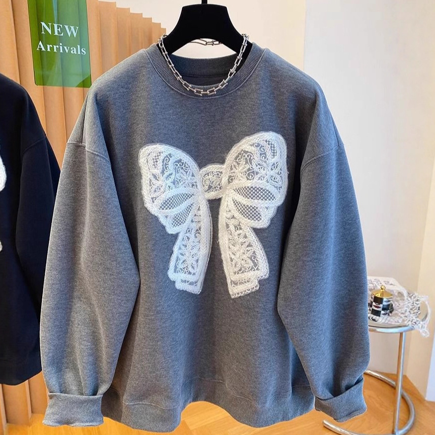 灰色蕾丝蝴蝶结加绒卫衣女秋冬季宽松时尚中长款外套长袖圆领上衣