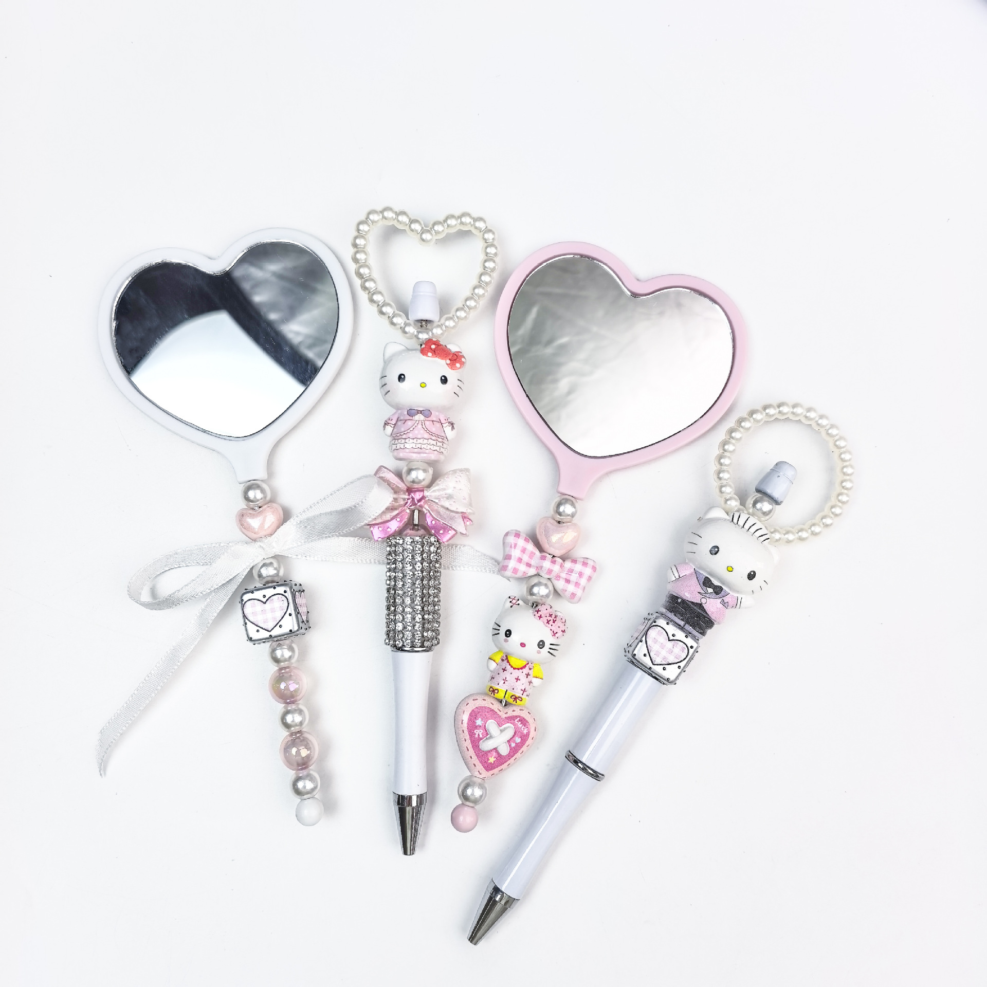 Cross-Border Creative Dongdaemun Korean Beaded Mirror, Gummy Pen Mirror Diy Handcrafted Beaded Hand-Held Heart-Shaped Mirror Accessories details Picture