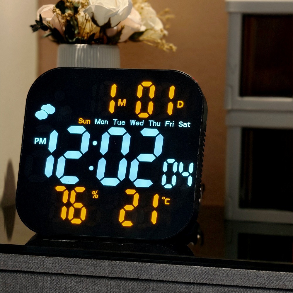 跨镜多功能时钟LED电子钟客厅天气温度显示挂钟可挂可立两用钟表