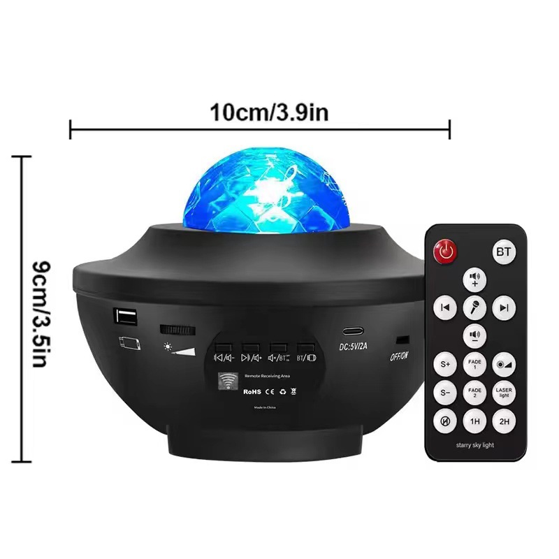 Black Bowl Starry Sky Light Projection Lamp, USB Bluetooth speaker, remote control water ripple laser Projector, Ambient starry sky projection Specification image
