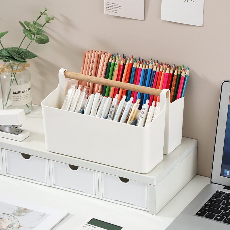 Desktop compartment-divided wooden hand-held storage box, stationery pen organization, stackable remote control, watercolor marker pen storage box Application Scenario