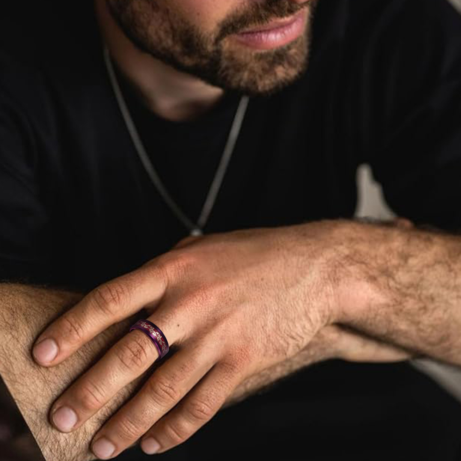Shakuyin influencers burst accesorios incrustación dragón y fénix patrón púrpura titanio acero nueve púrpura fuera anillo de fuego pareja anillo de la mano decoración Specification image