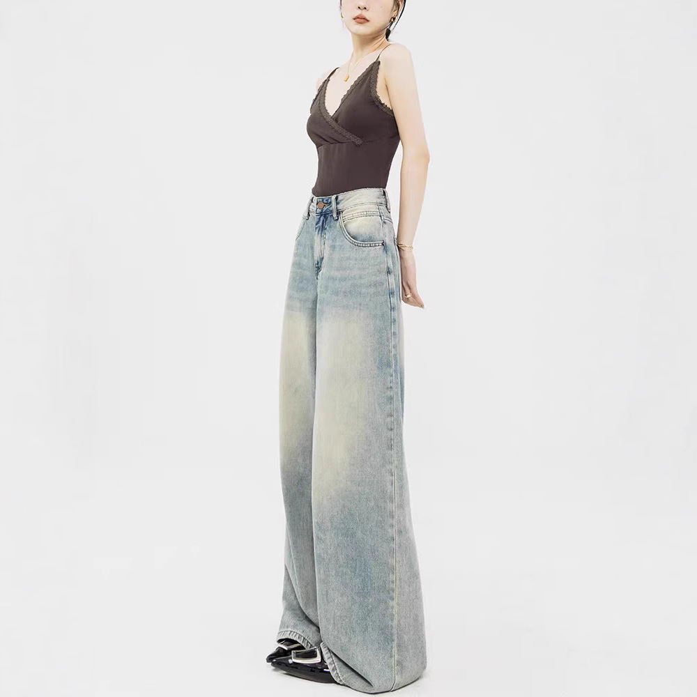 Custom-made retro light-colored straight-leg jeans with a high-waisted, loose design, floor-length wide-leg pants, suitable for all seasons Application Scenario