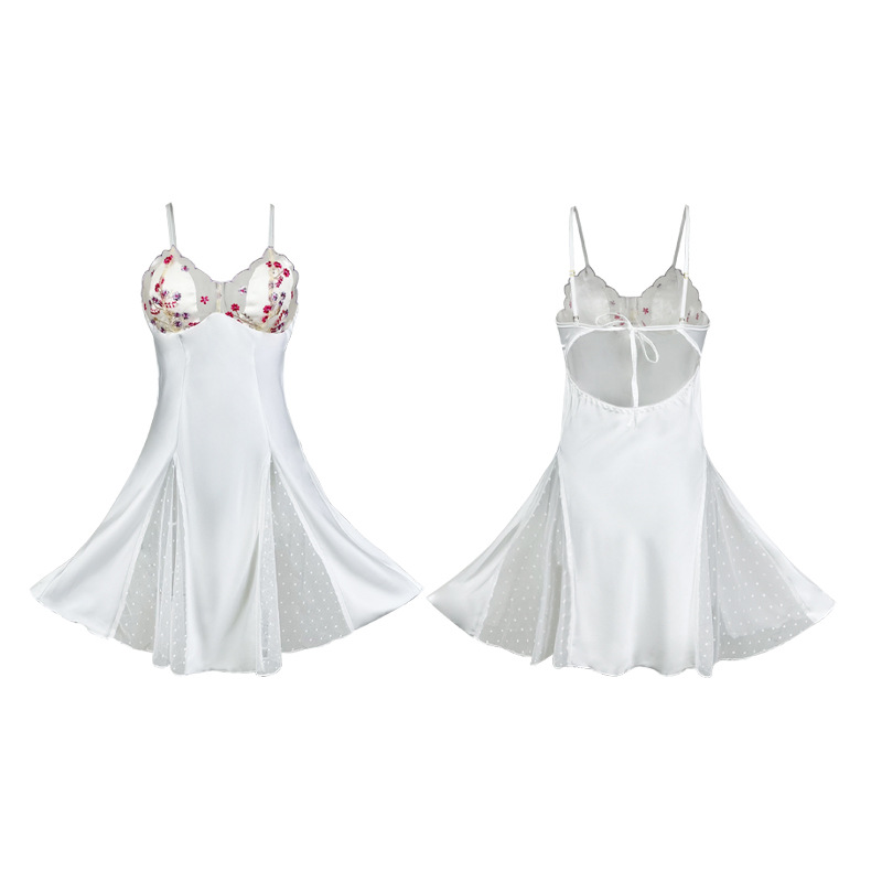 Internet-famous style ice silk pajamas, satin sexy backless halter nightgown, lace patchwork pajamas, women's home wear 539 Item Picture
