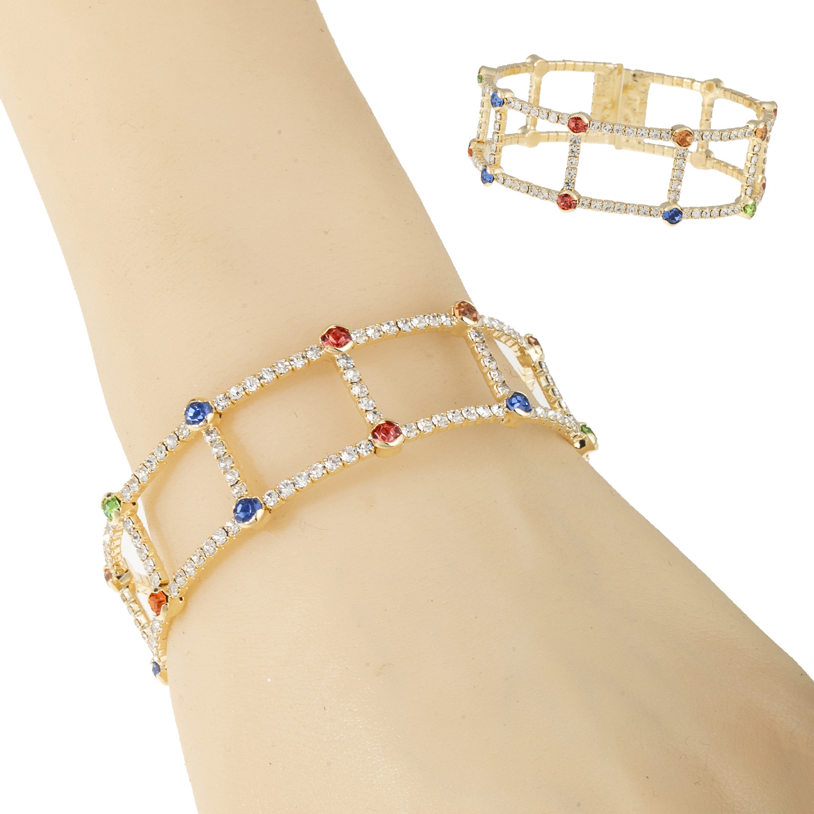 The new mixed-color bracelet features a double-layer water diamond design from Europe and America, with an elastic opening. It is a trendy Korean-style women's jewelry that exudes a unique and elegant charm details Picture