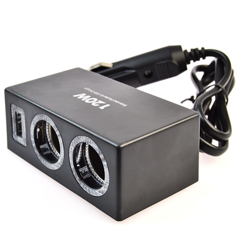 车载点烟器一拖二带usb汽车电源分支器120W两孔点烟器手机充电器