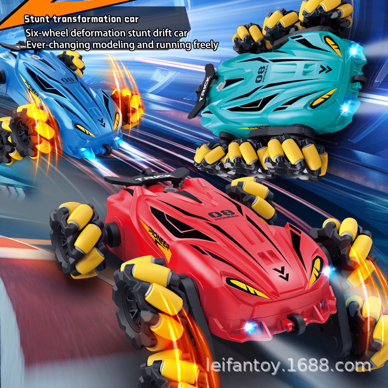 New six-wheel swing arm side vehicle, spray drift stunt remote control car, colorful music and light car, children's toy