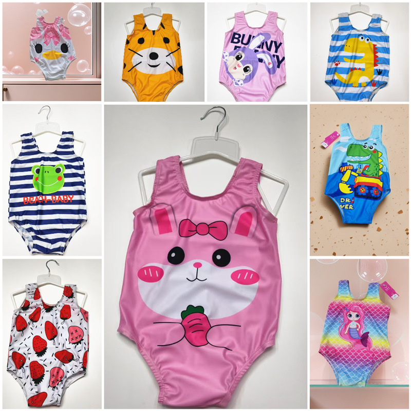 Cute sleeveless one-piece children's swimsuits, summer children's wear, boys' and girls' baby swimsuits, kids' clothes, cartoon comfortable swimsuits